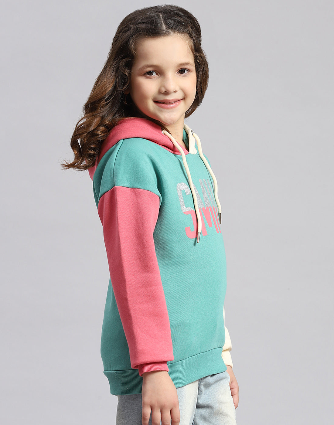 Girls Turquoise Blue Printed Hooded Full Sleeve Sweatshirt