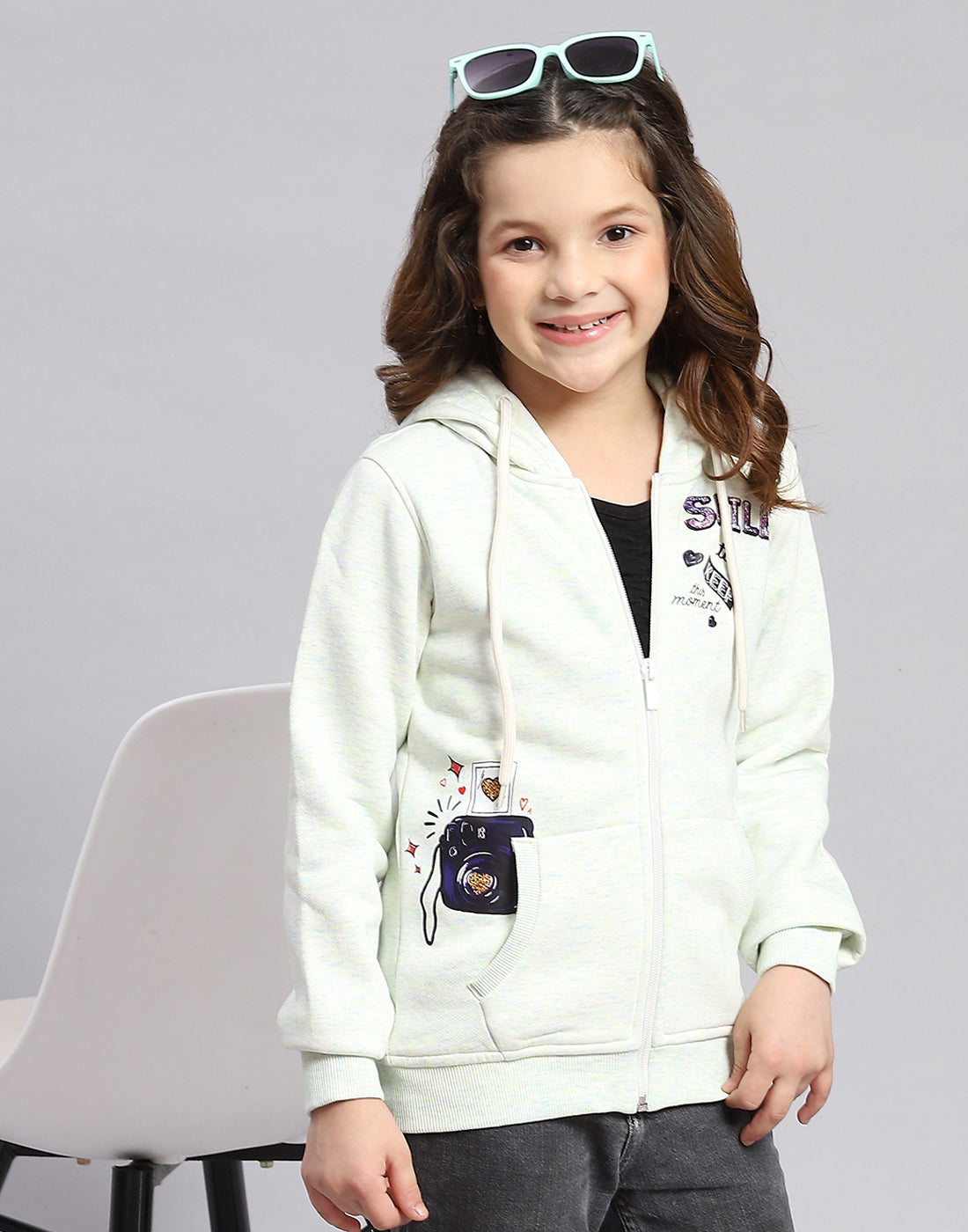 Girls Blue Printed Hooded Full Sleeve Sweatshirt