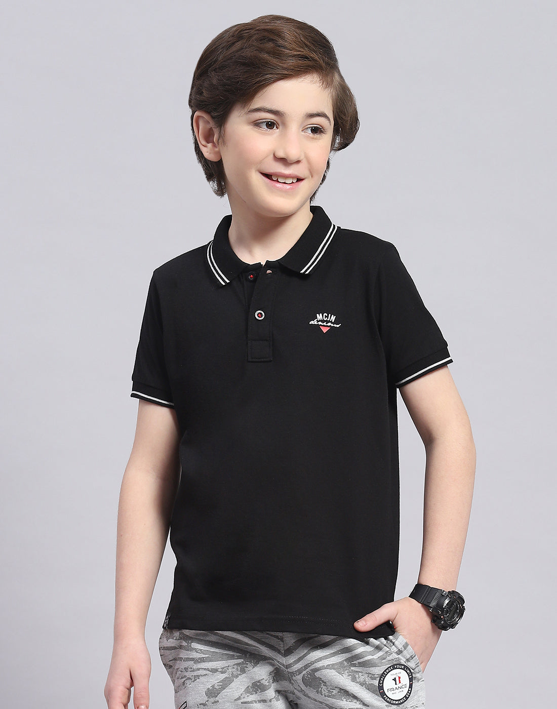 Boys Black Solid Polo Collar Half Sleeve T-Shirt