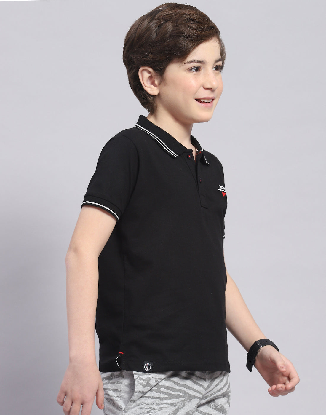Boys Black Solid Polo Collar Half Sleeve T-Shirt