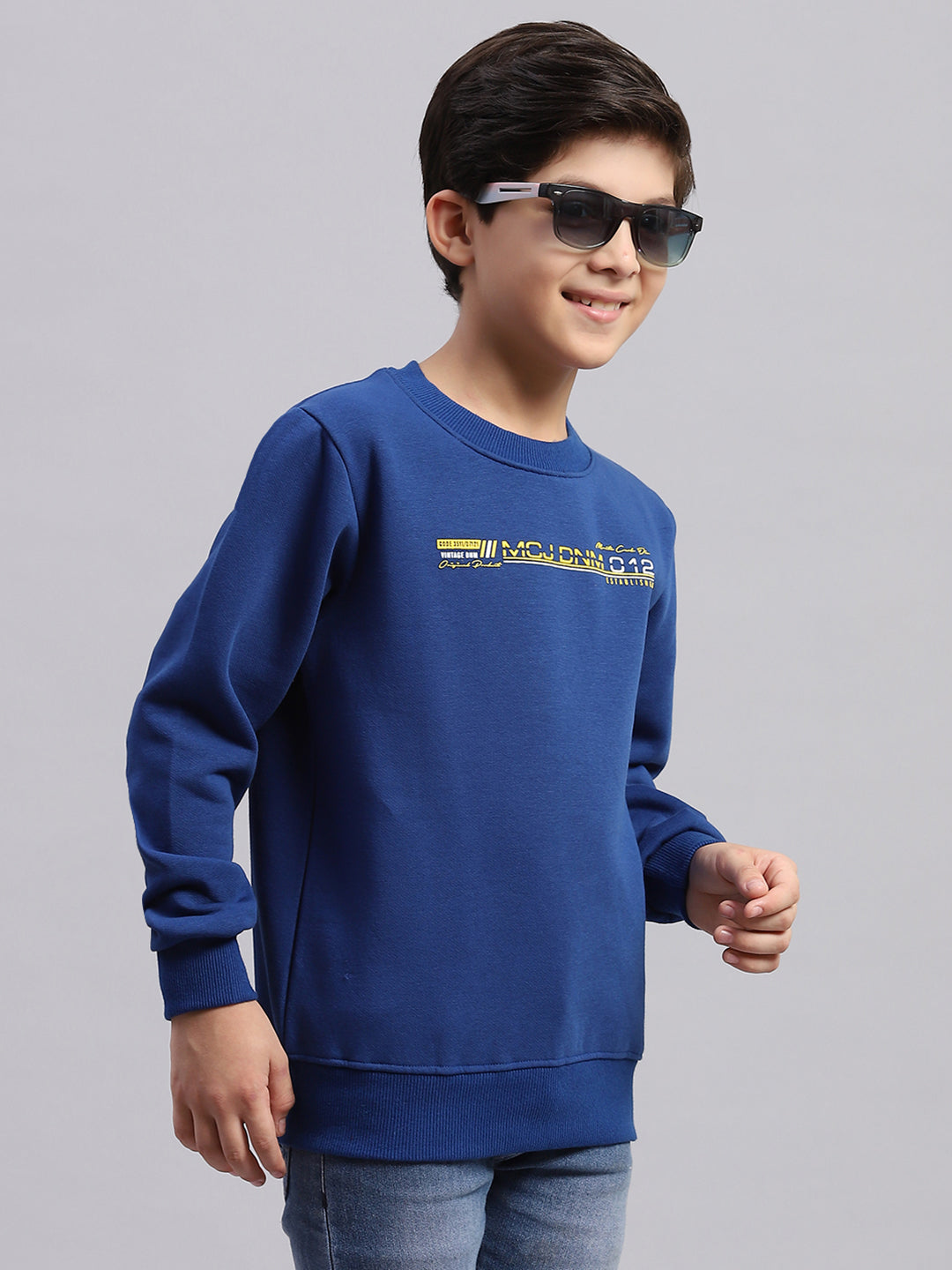 Boys Blue Printed Round Neck Full Sleeve Sweatshirt