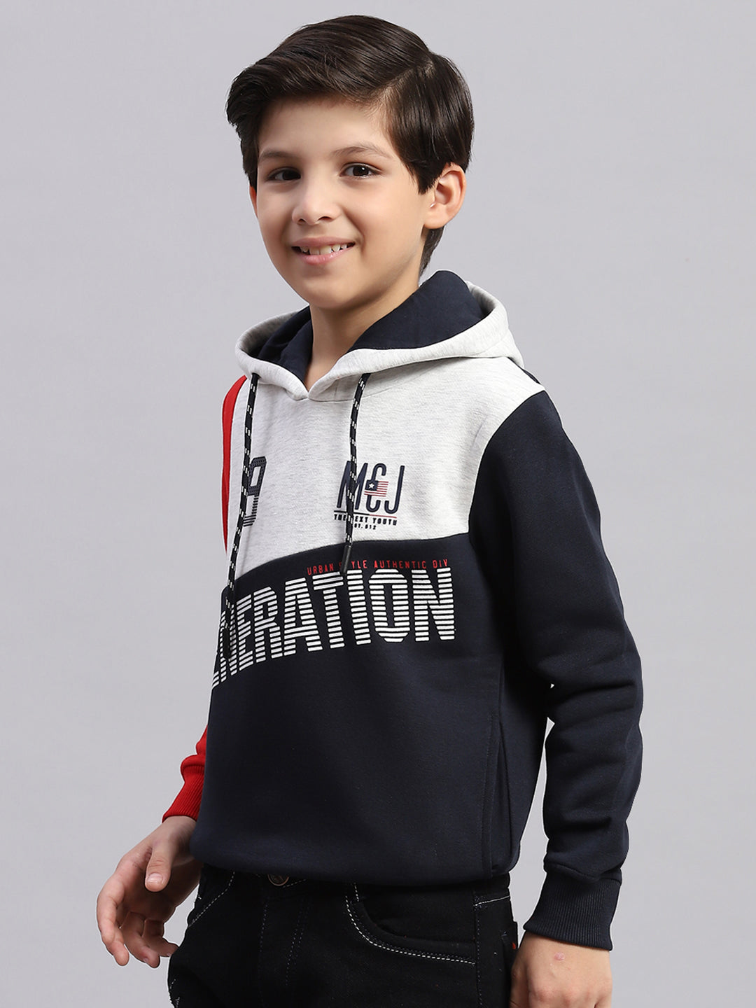 Boys Navy Blue Printed Round Neck Full Sleeve Sweatshirt