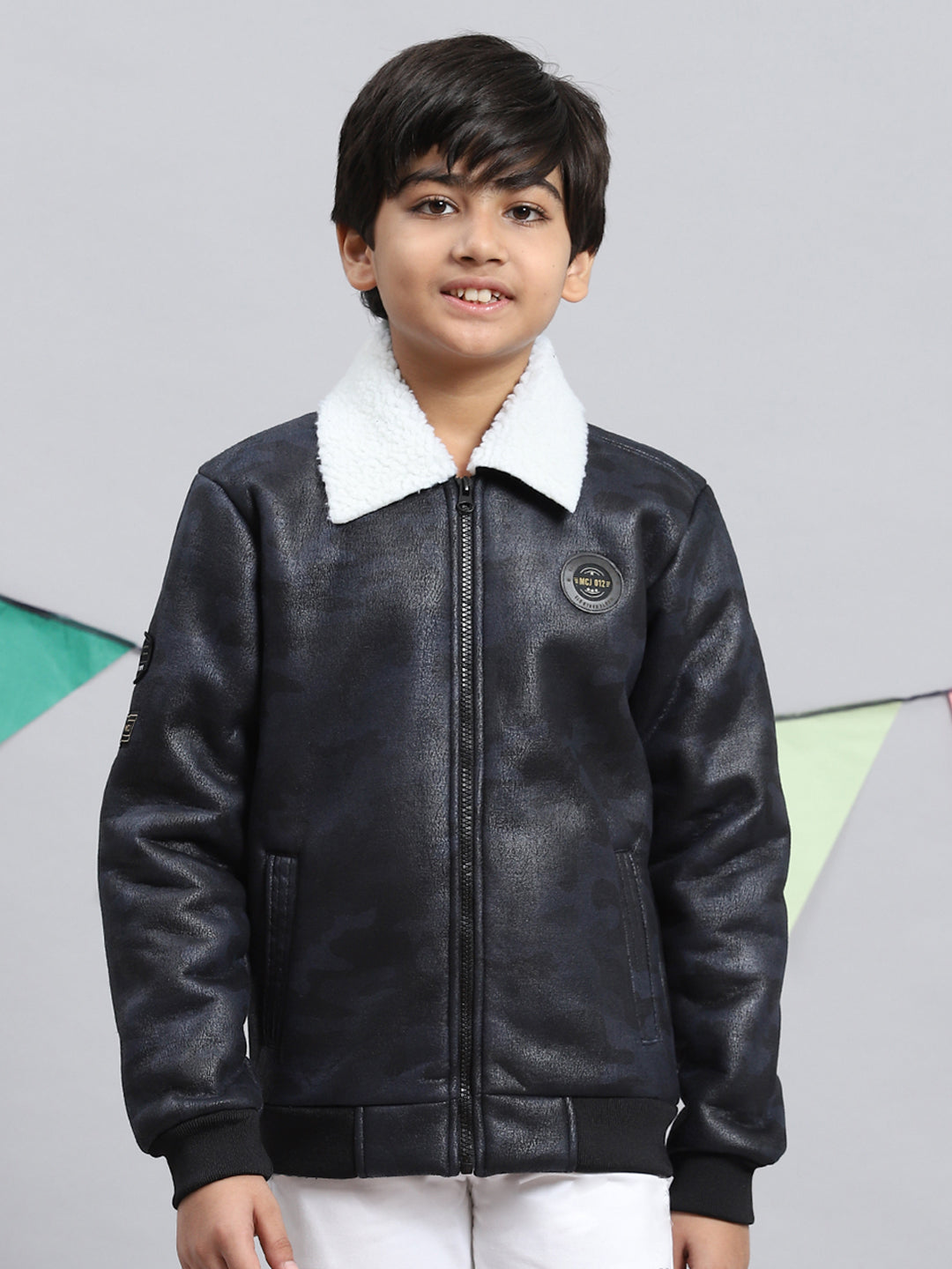 Boys Navy Blue Printed Jacket