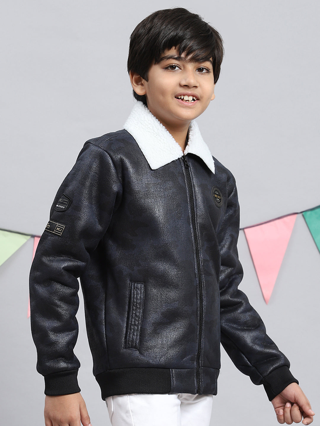 Boys Navy Blue Printed Jacket