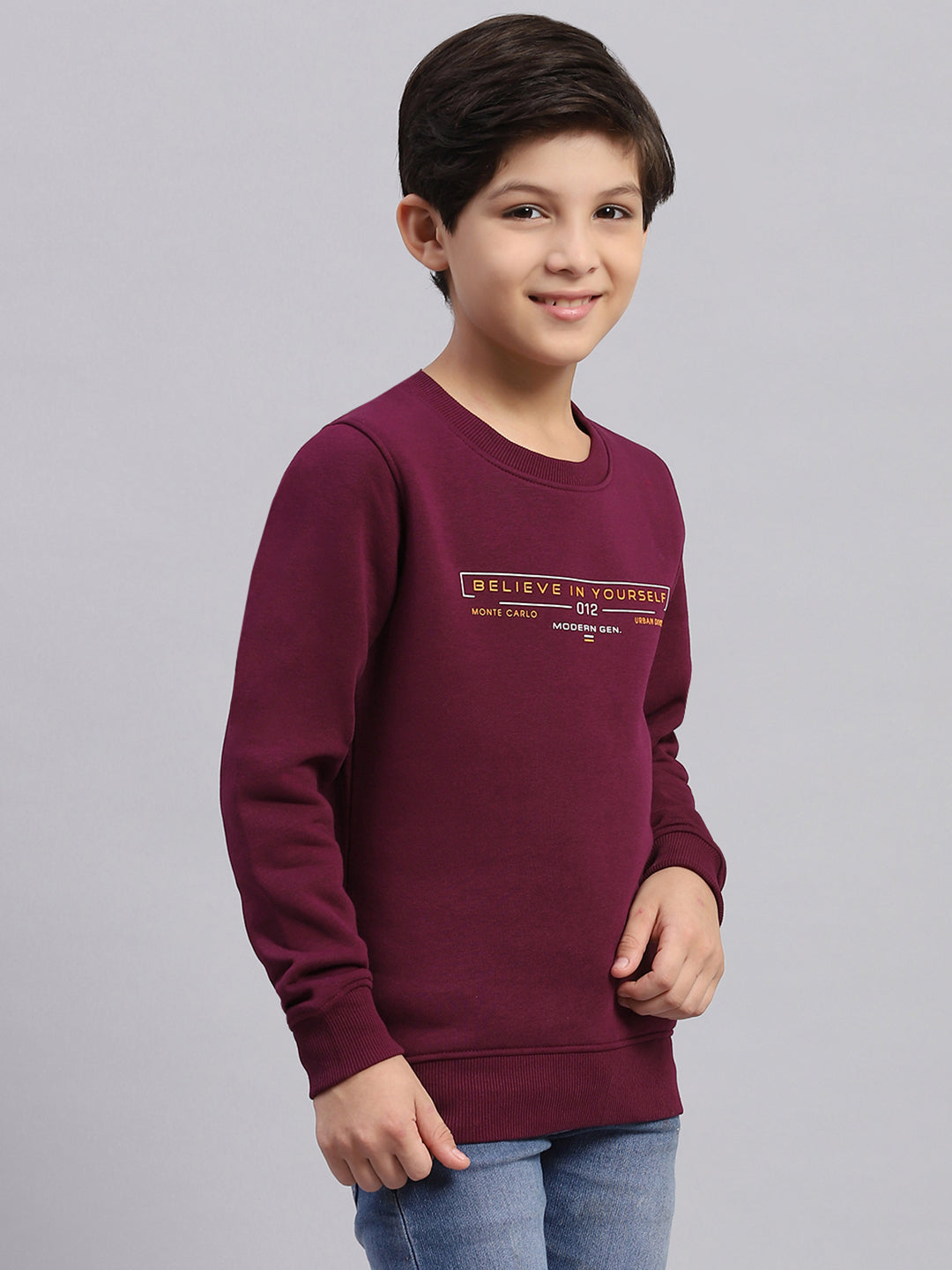 Boys Purple Printed Round Neck Full Sleeve Sweatshirt
