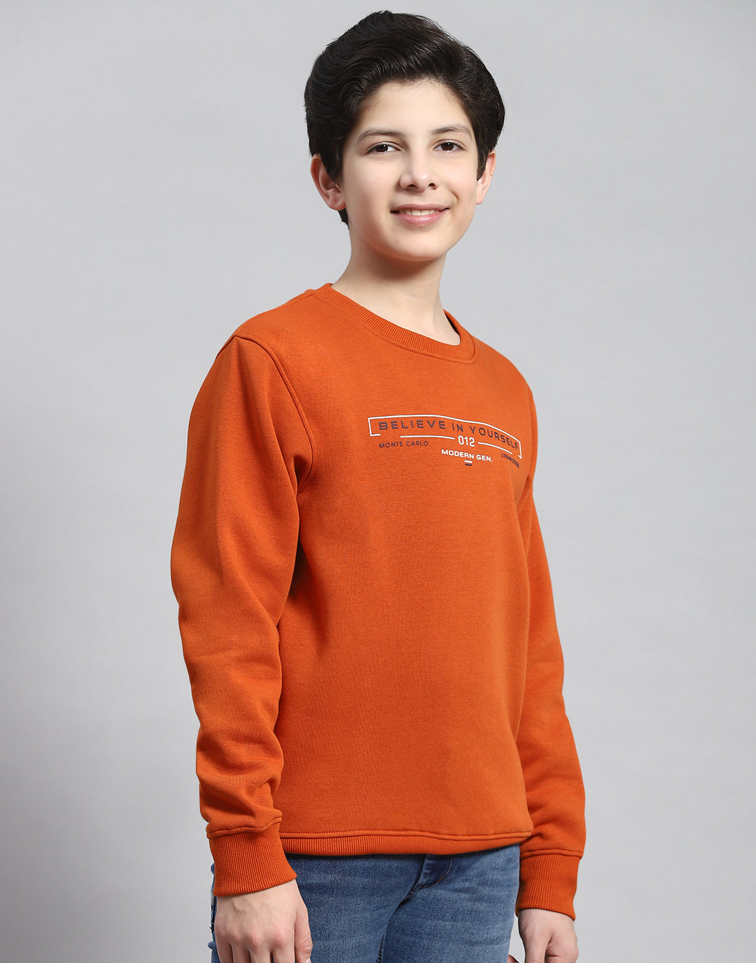 Boys Rust Printed Round Neck Full Sleeve Sweatshirt