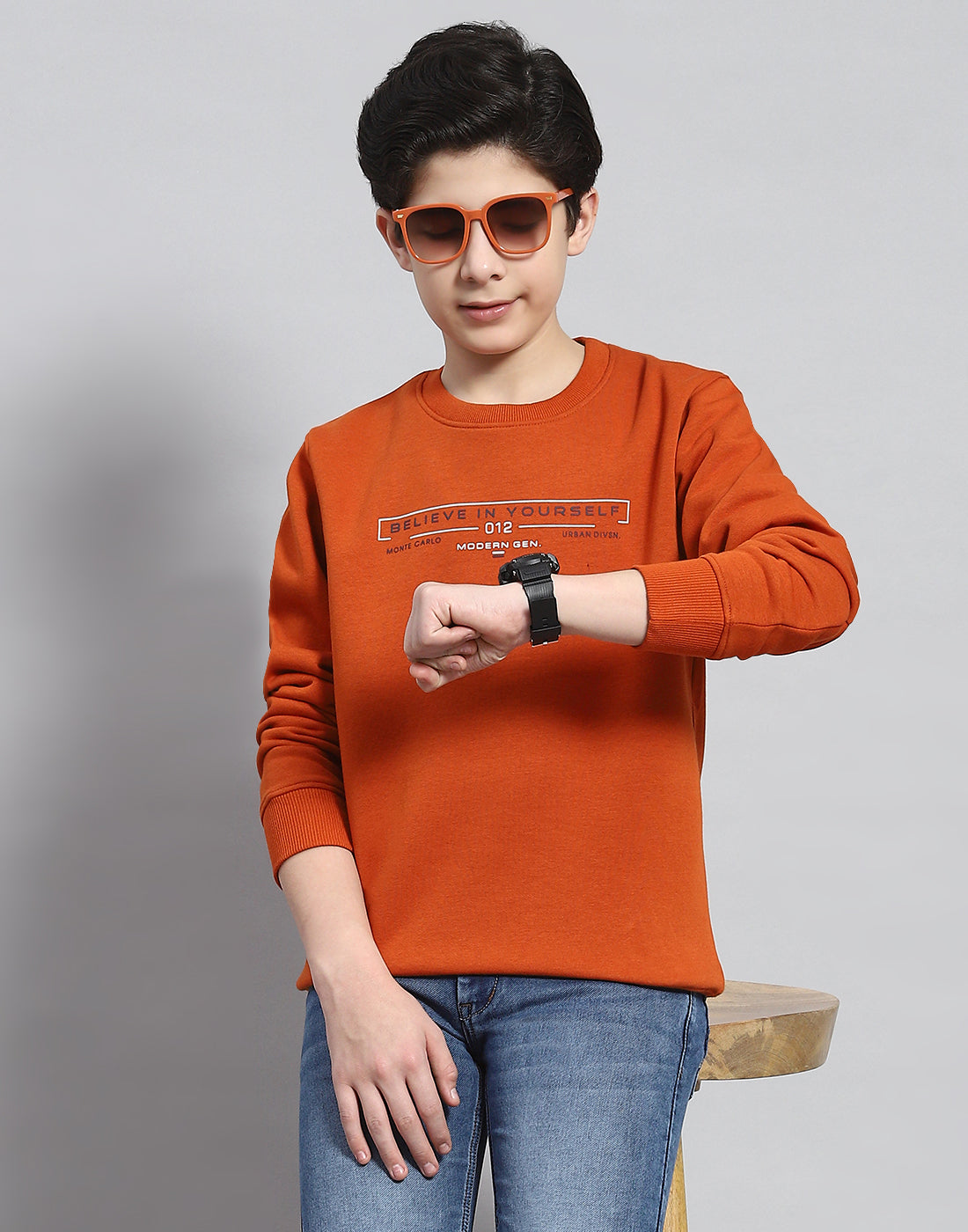 Boys Rust Printed Round Neck Full Sleeve Sweatshirt