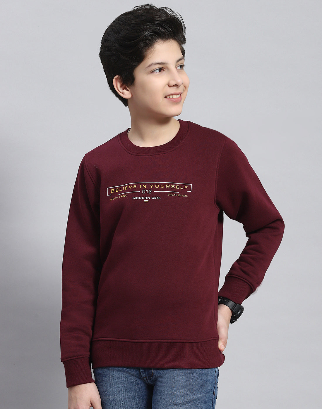 Boys Maroon Printed Round Neck Full Sleeve Sweatshirt