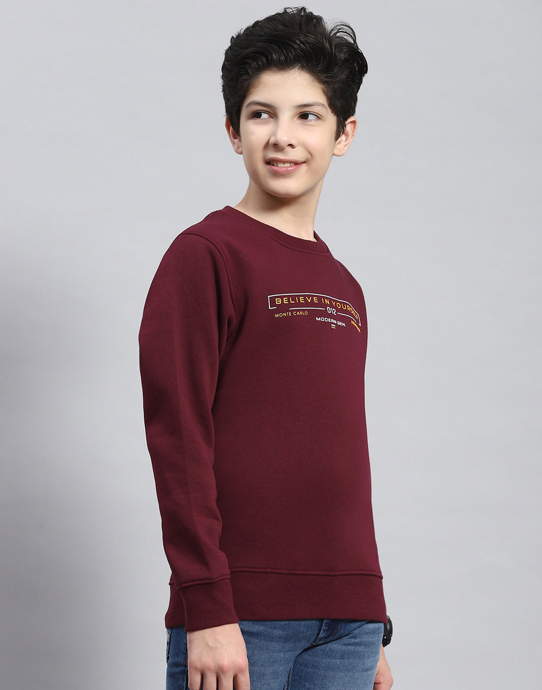Boys Maroon Printed Round Neck Full Sleeve Sweatshirt