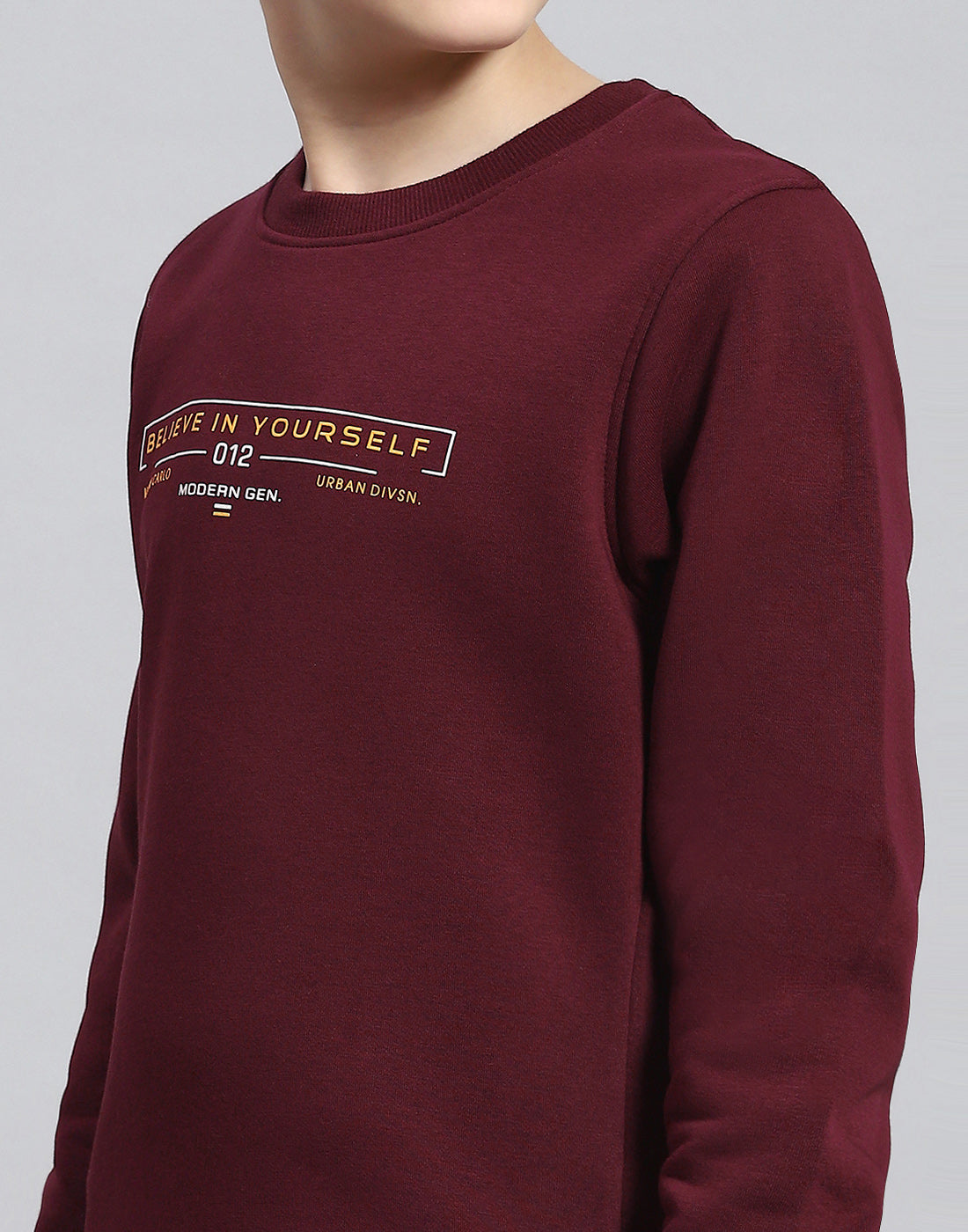 Boys Maroon Printed Round Neck Full Sleeve Sweatshirt