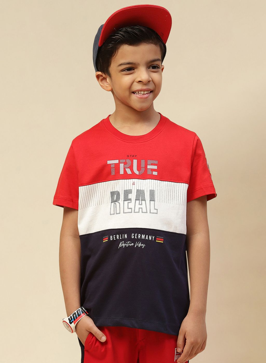 Boys Red & Navy Blue Printed T-Shirt