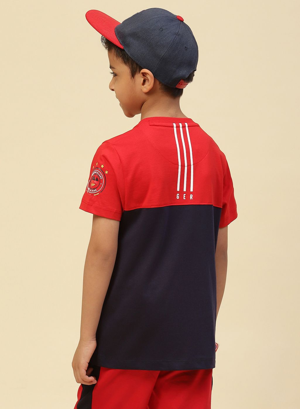 Boys Red & Navy Blue Printed T-Shirt