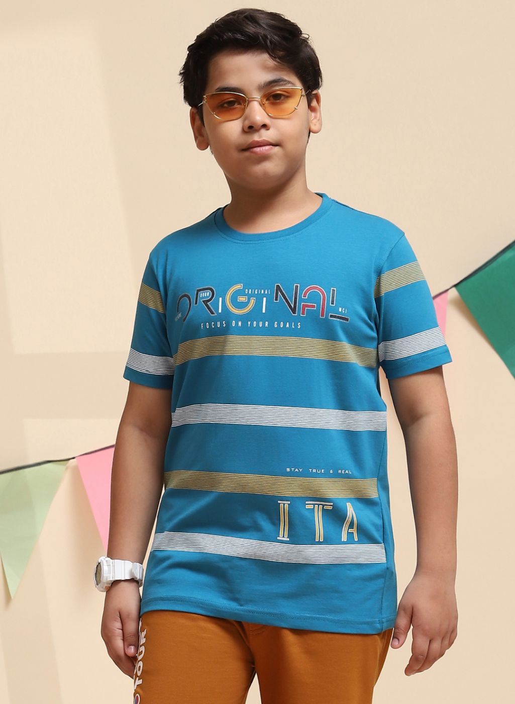 Boys Teal Blue Printed T-Shirt
