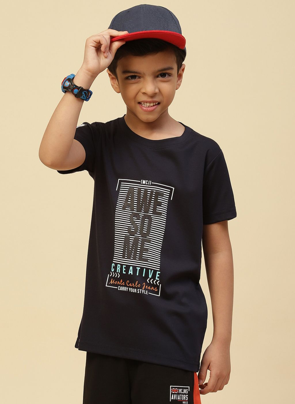 Boys Navy Blue Printed T-Shirt