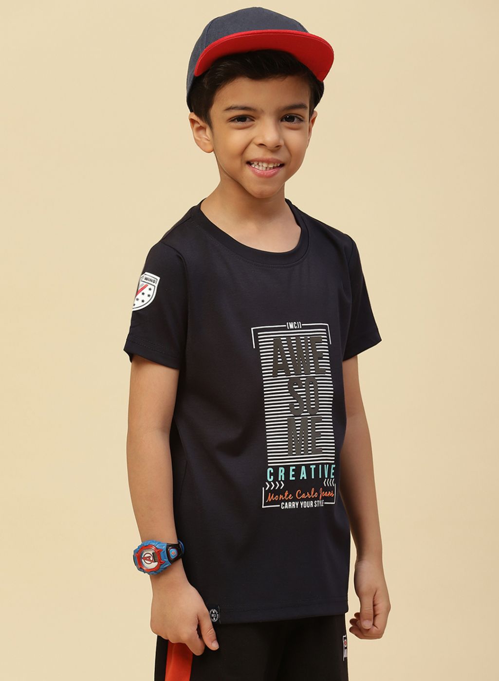 Boys Navy Blue Printed T-Shirt