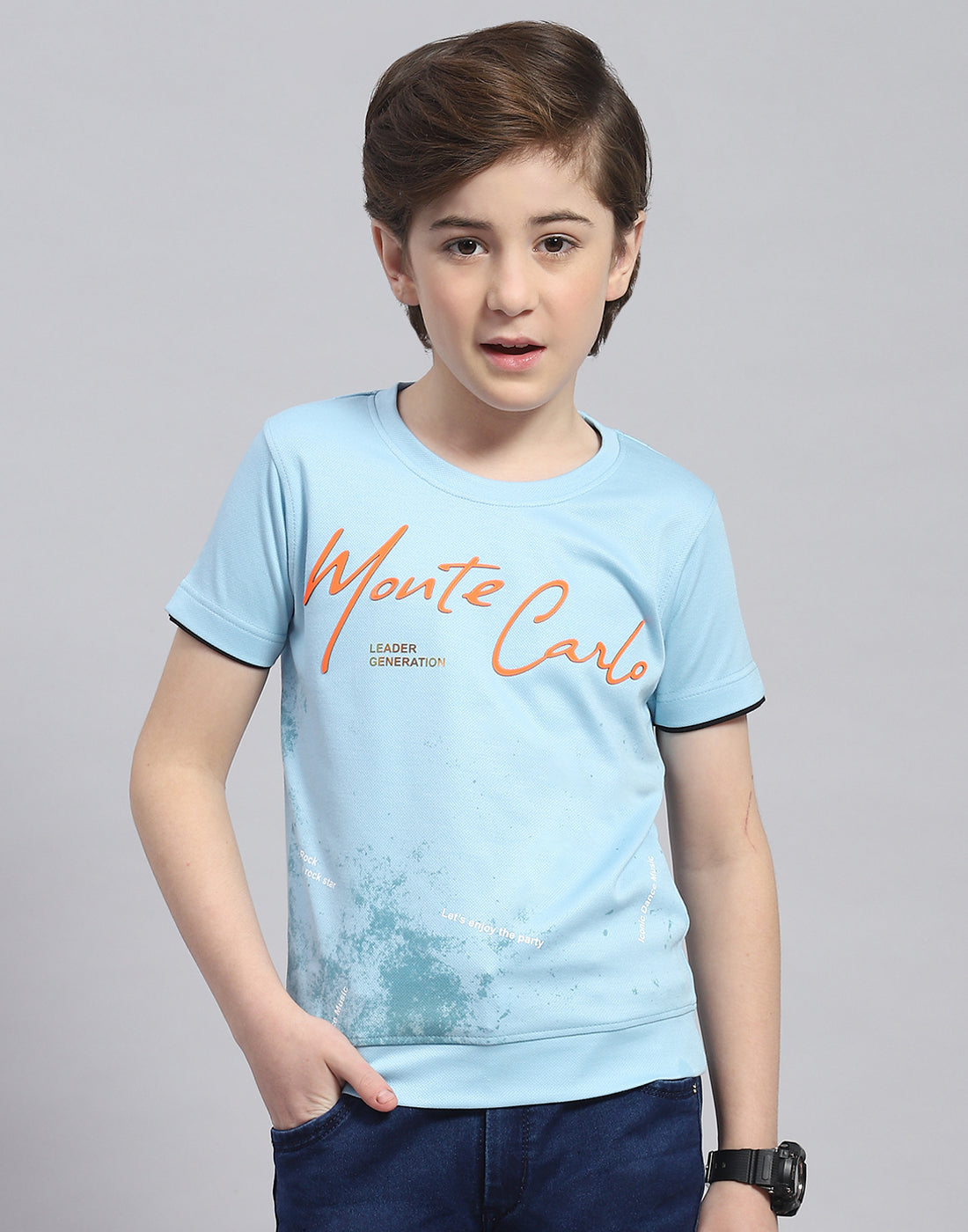 Boys Blue Printed Round Neck Half Sleeve T-Shirt