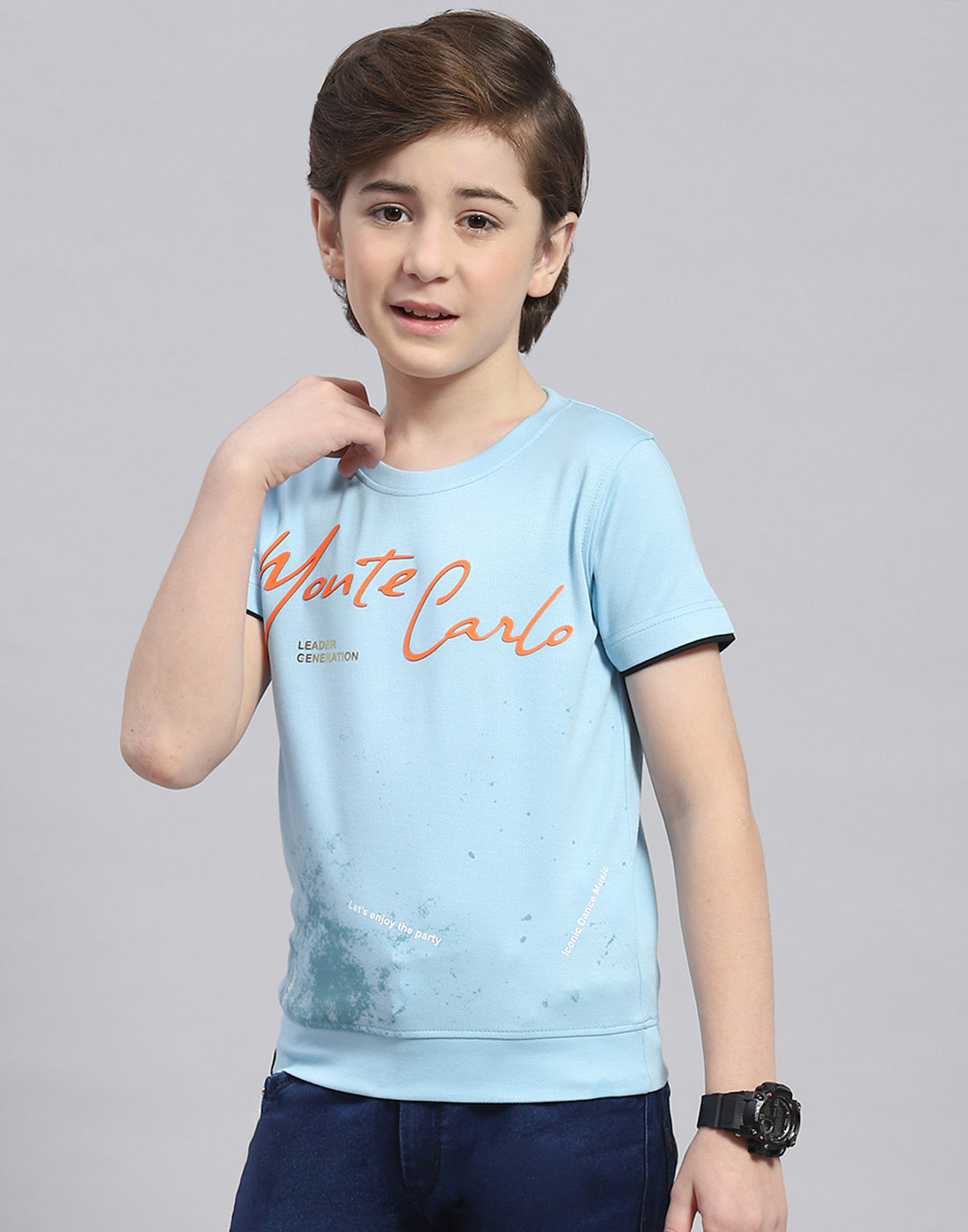Boys Blue Printed Round Neck Half Sleeve T-Shirt