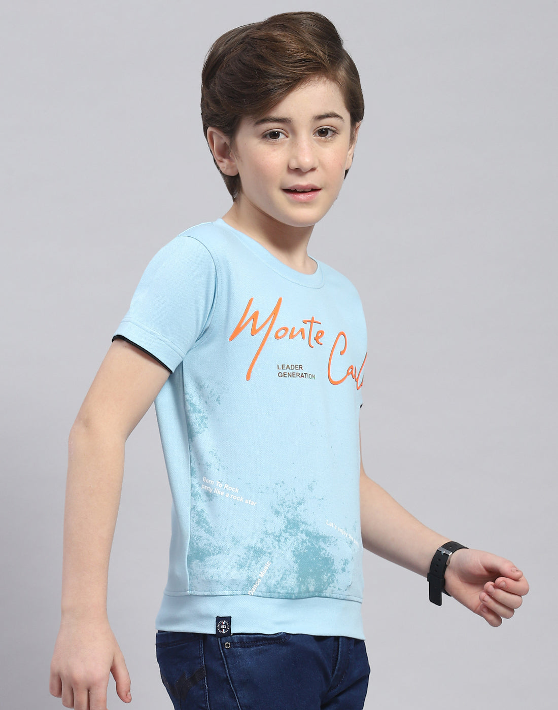 Boys Blue Printed Round Neck Half Sleeve T-Shirt
