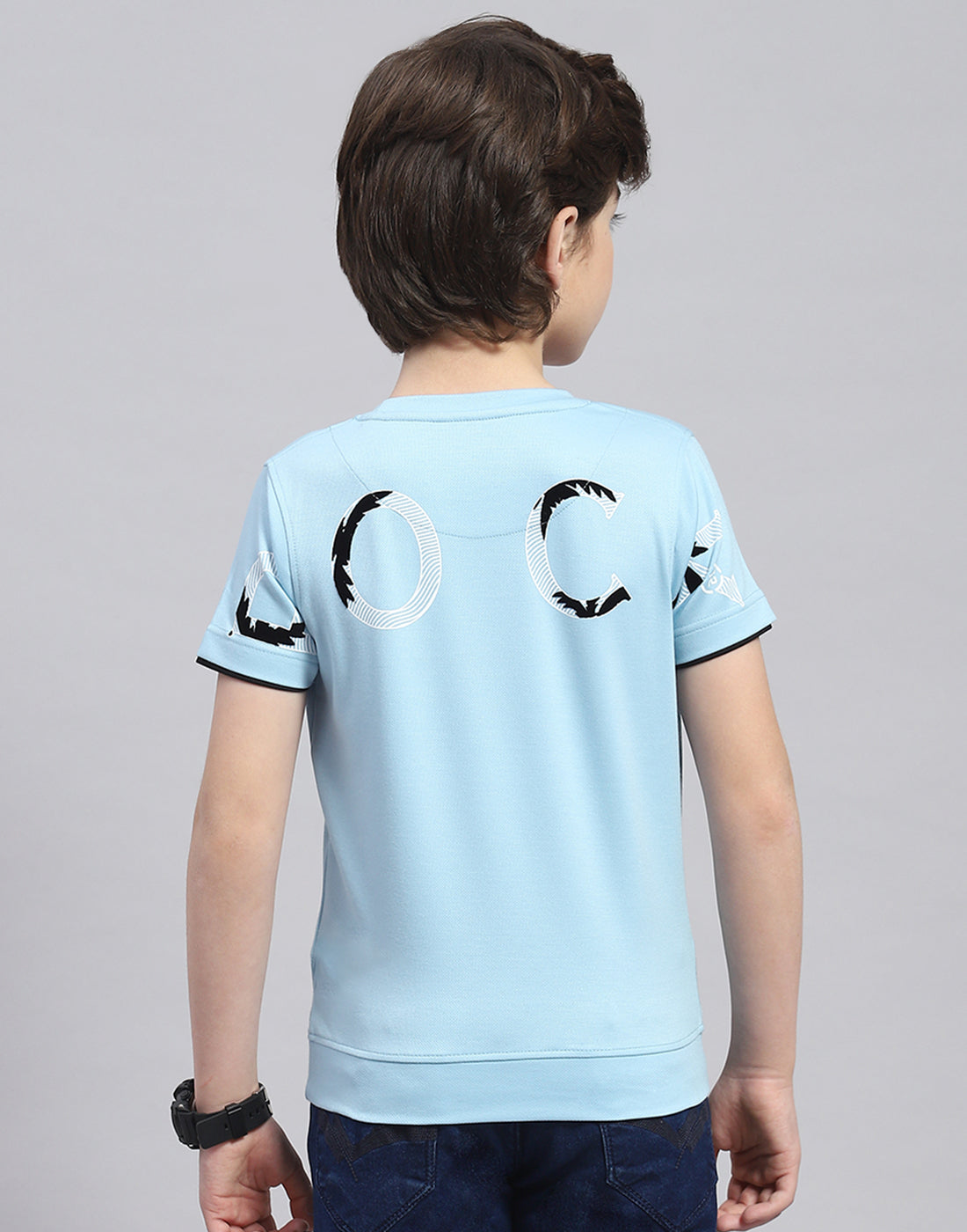 Boys Blue Printed Round Neck Half Sleeve T-Shirt