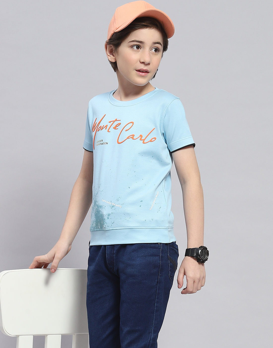 Boys Blue Printed Round Neck Half Sleeve T-Shirt