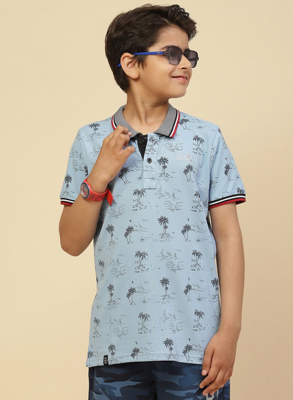 Boys Sky Blue Printed T-Shirt
