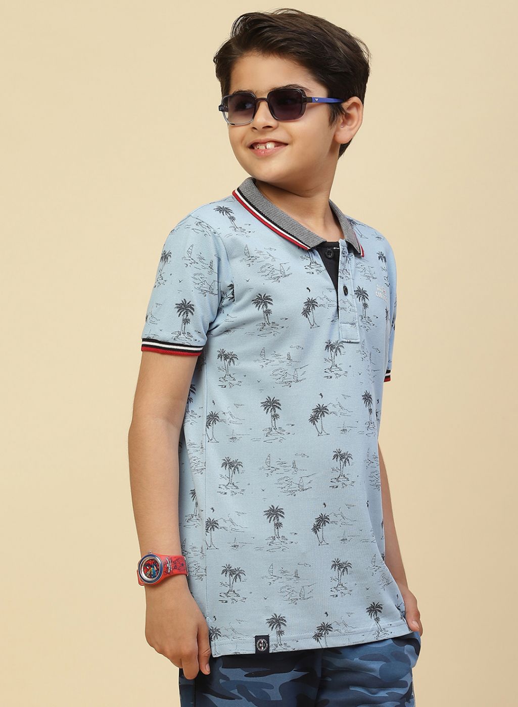 Boys Sky Blue Printed T-Shirt