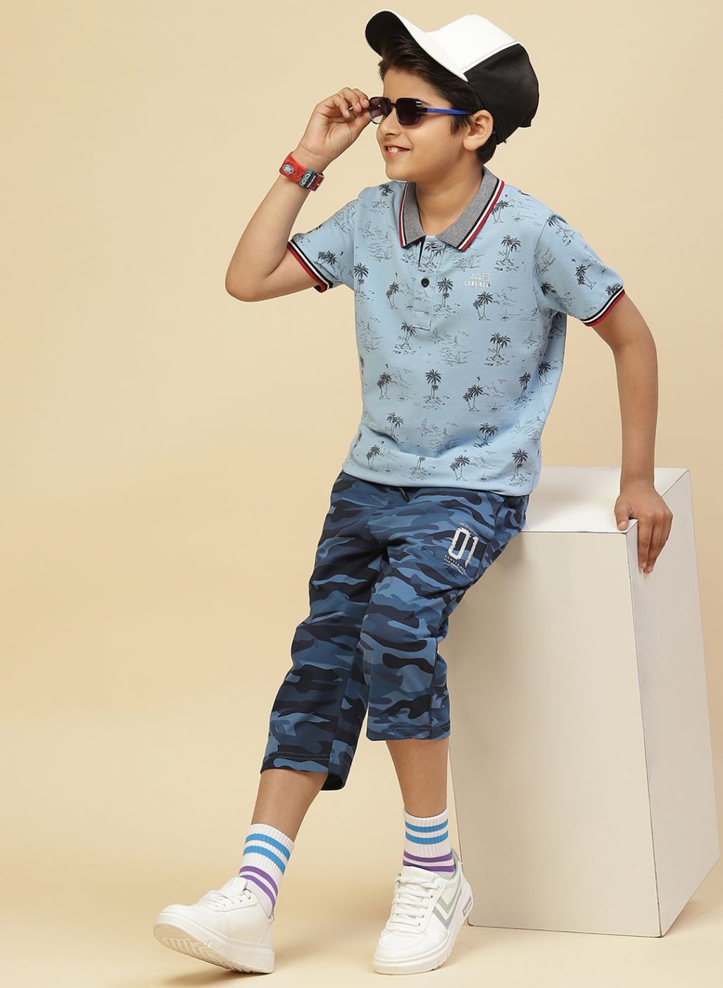 Boys Sky Blue Printed T-Shirt