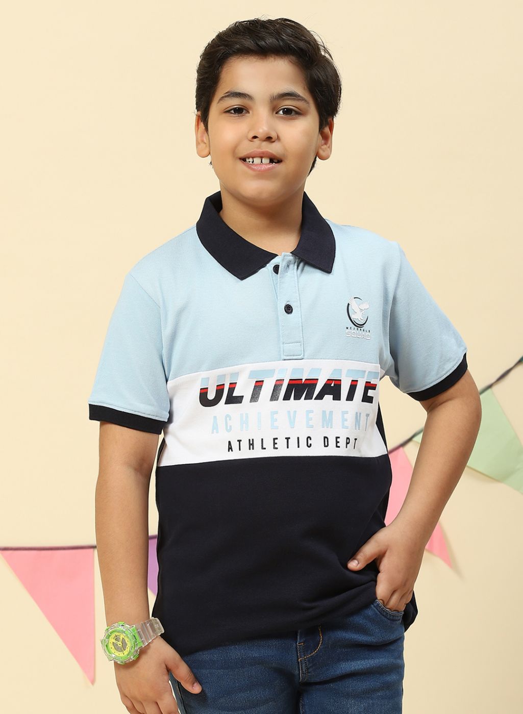 Boys Sky Blue Printed T-Shirt