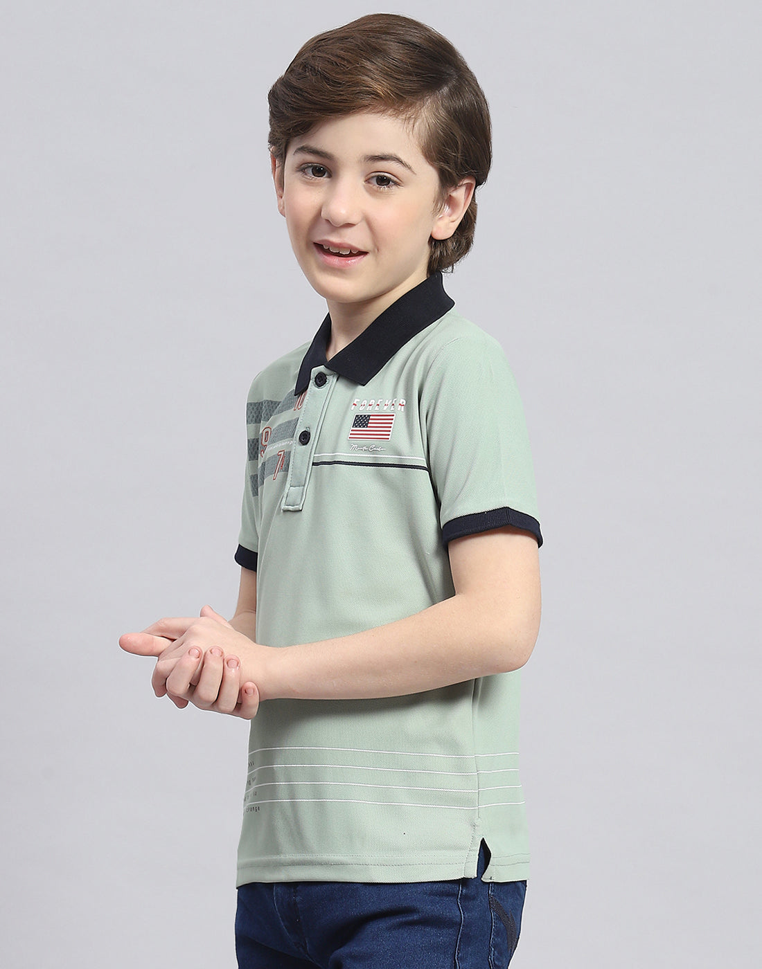 Boys Green Printed Polo Collar Half Sleeve T-Shirt