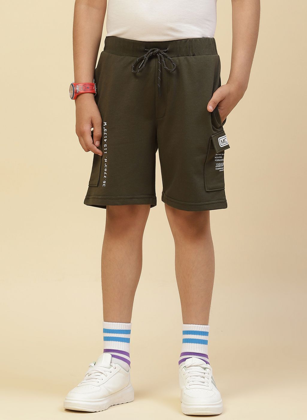 Boys Olive Printed Bermuda