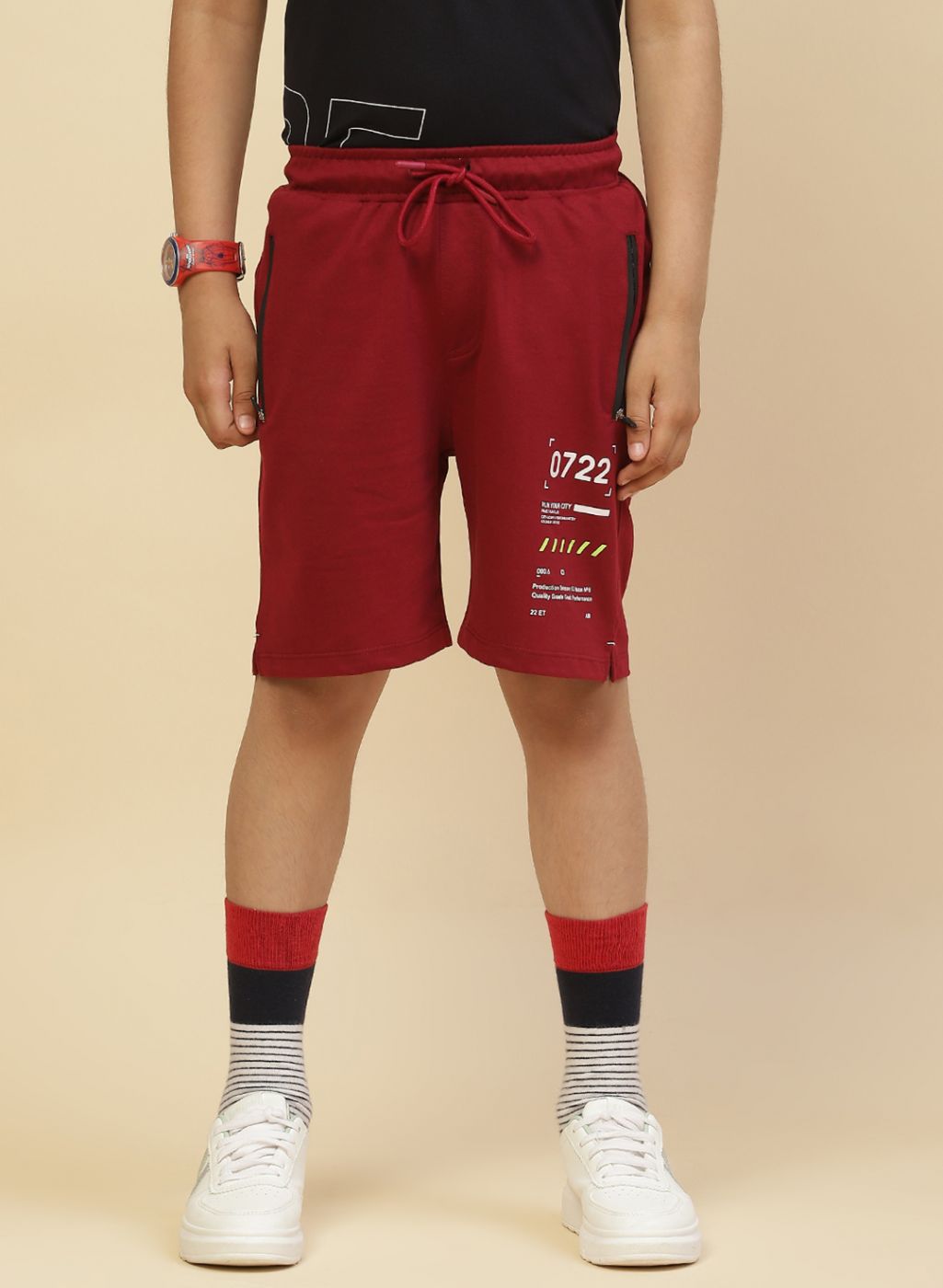 Boys Maroon Printed Bermuda