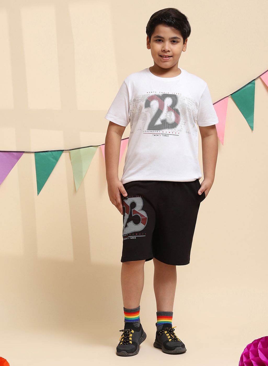 Boys White & Black Printed Bermuda Set