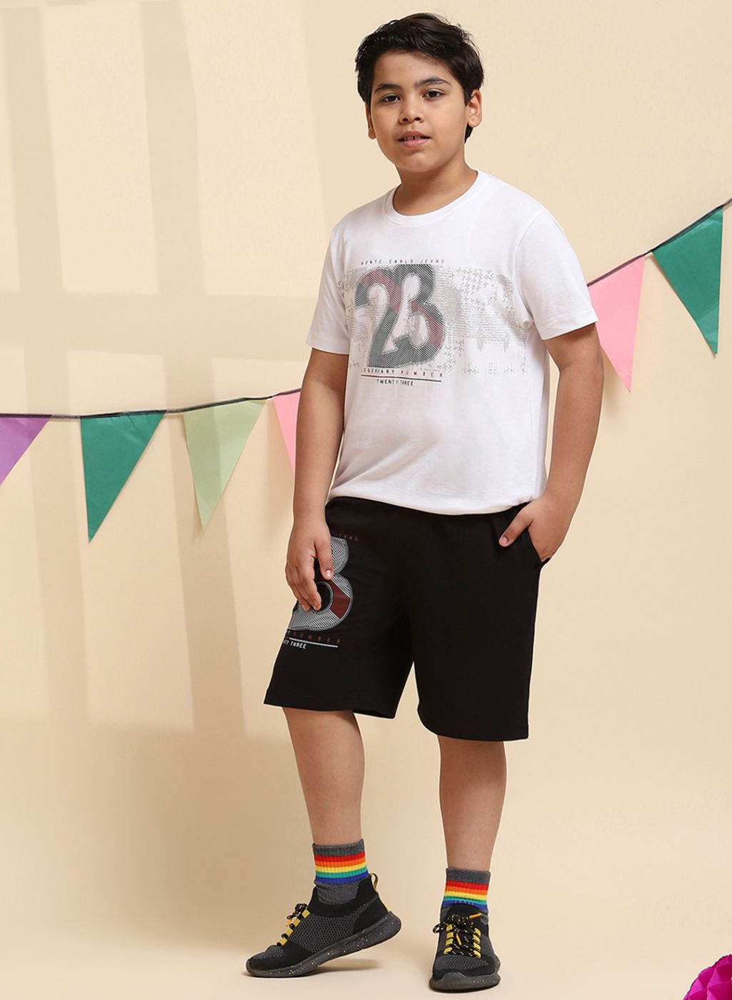 Boys White & Black Printed Bermuda Set