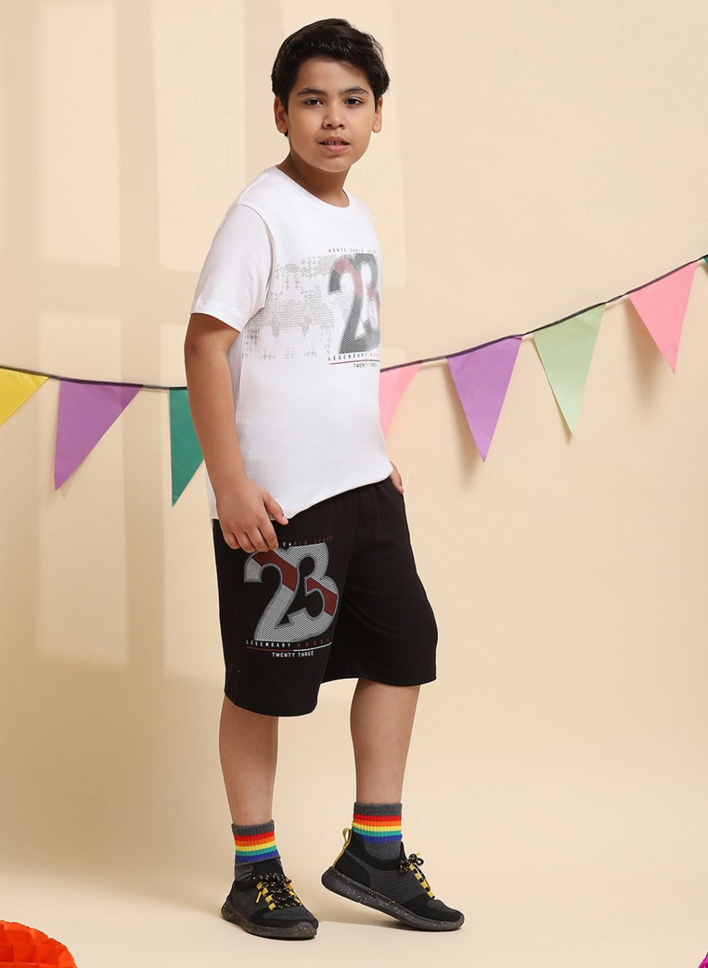 Boys White & Black Printed Bermuda Set