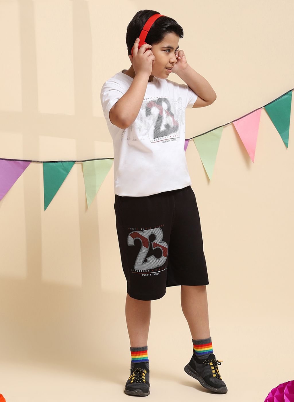 Boys White & Black Printed Bermuda Set