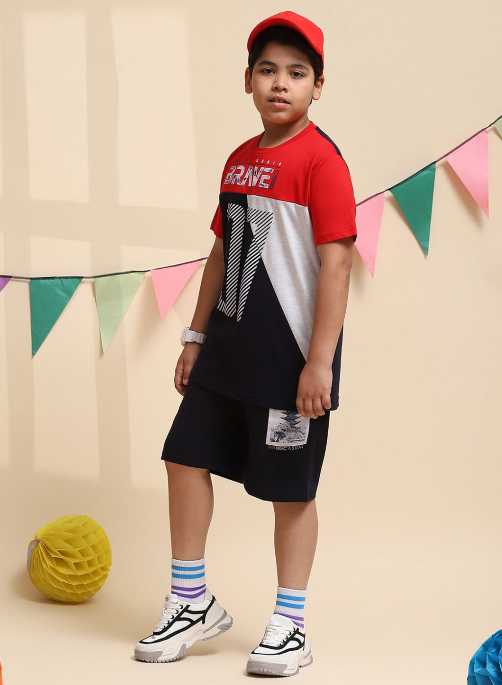 Boys Red & NAvy Blue Printed Bermuda Set