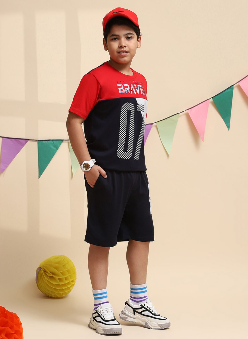 Boys Red & NAvy Blue Printed Bermuda Set