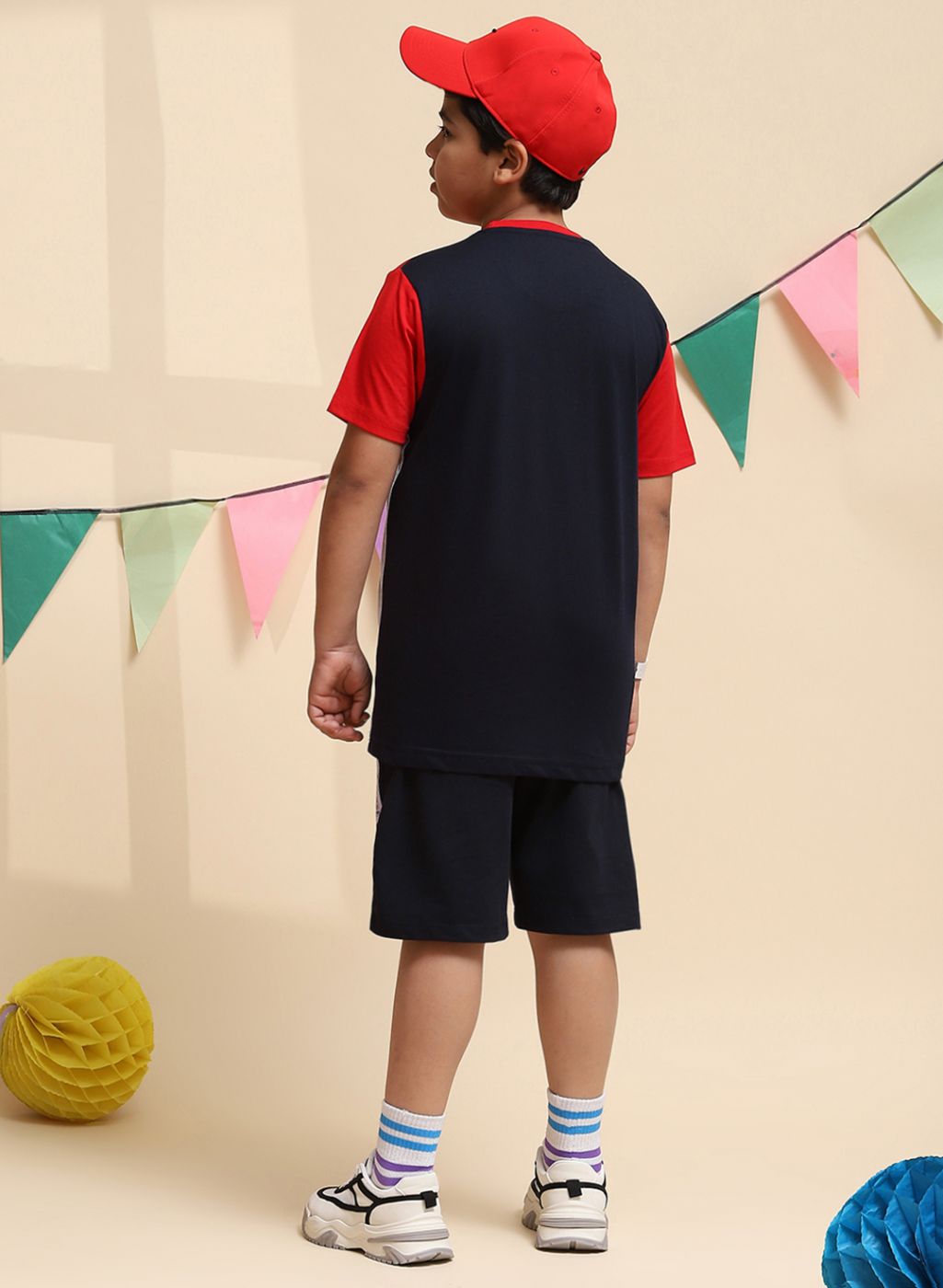 Boys Red & NAvy Blue Printed Bermuda Set