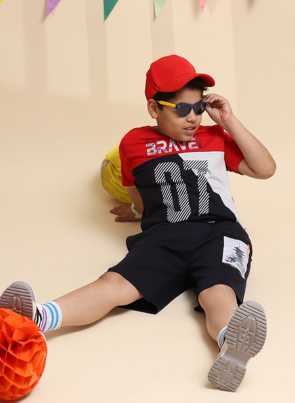 Boys Red & NAvy Blue Printed Bermuda Set