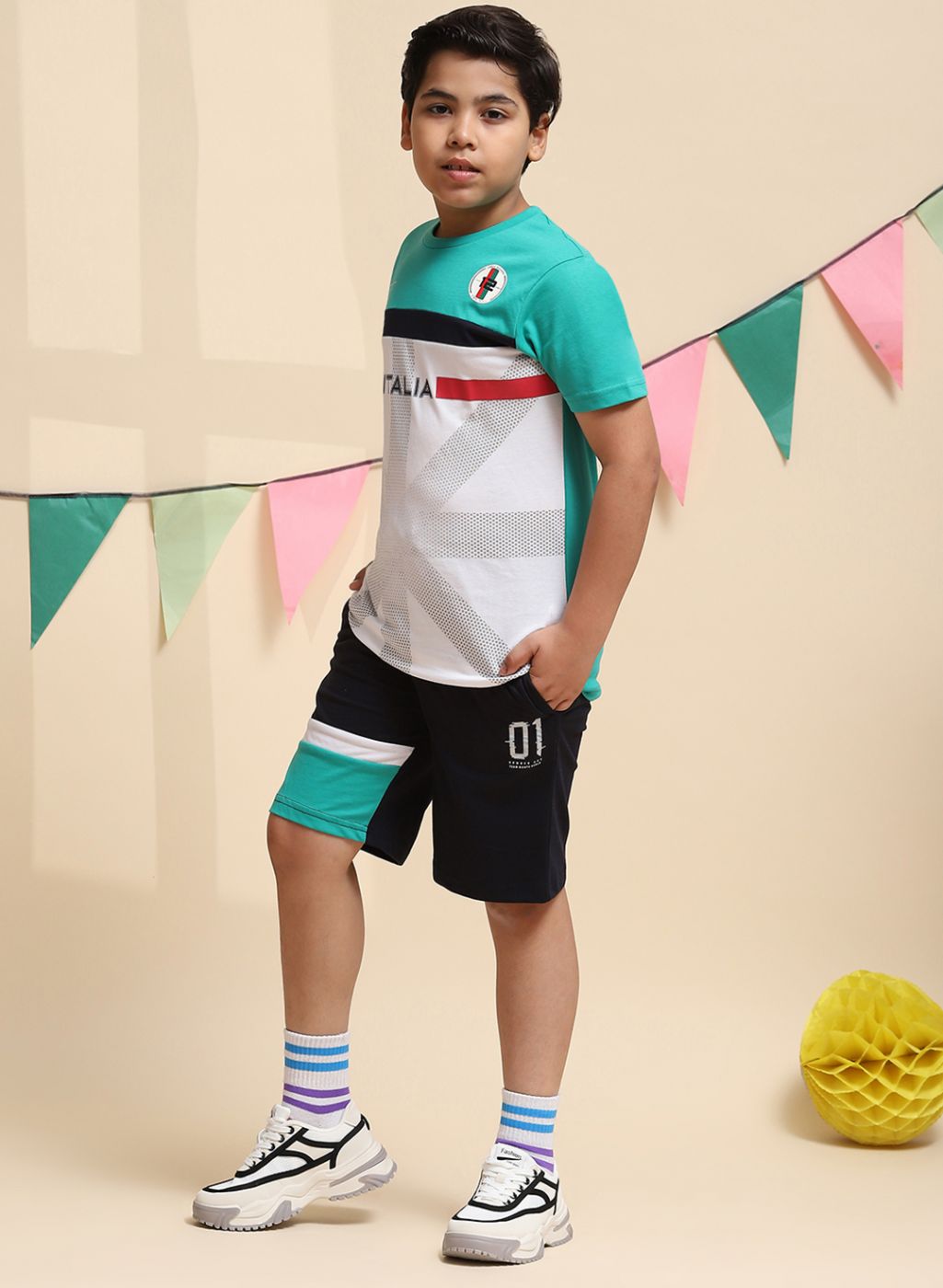 Boys Green & NAvy Blue Printed Bermuda Set