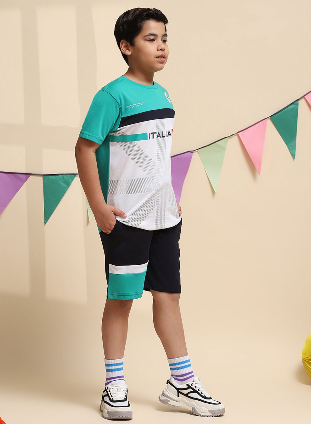 Boys Green & NAvy Blue Printed Bermuda Set