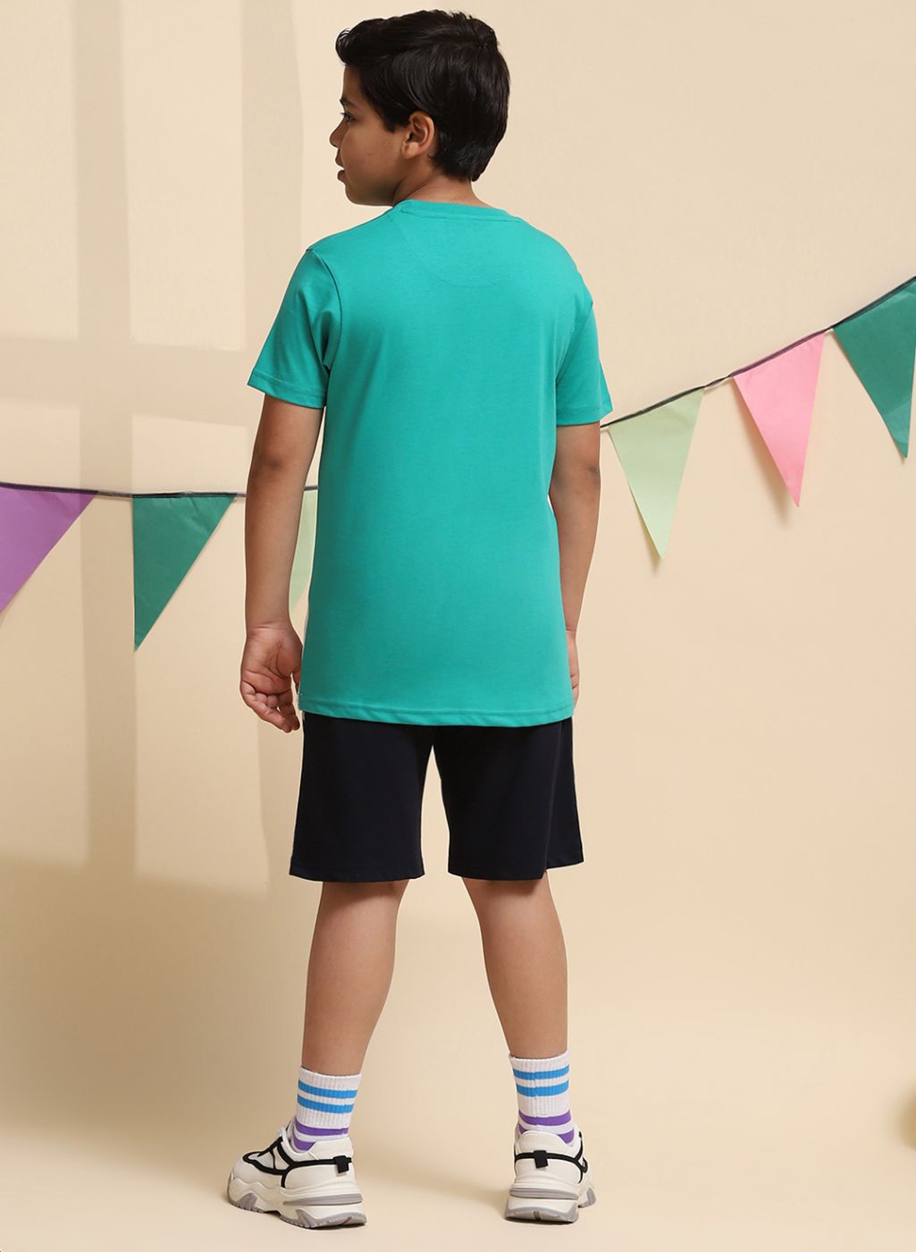 Boys Green & NAvy Blue Printed Bermuda Set