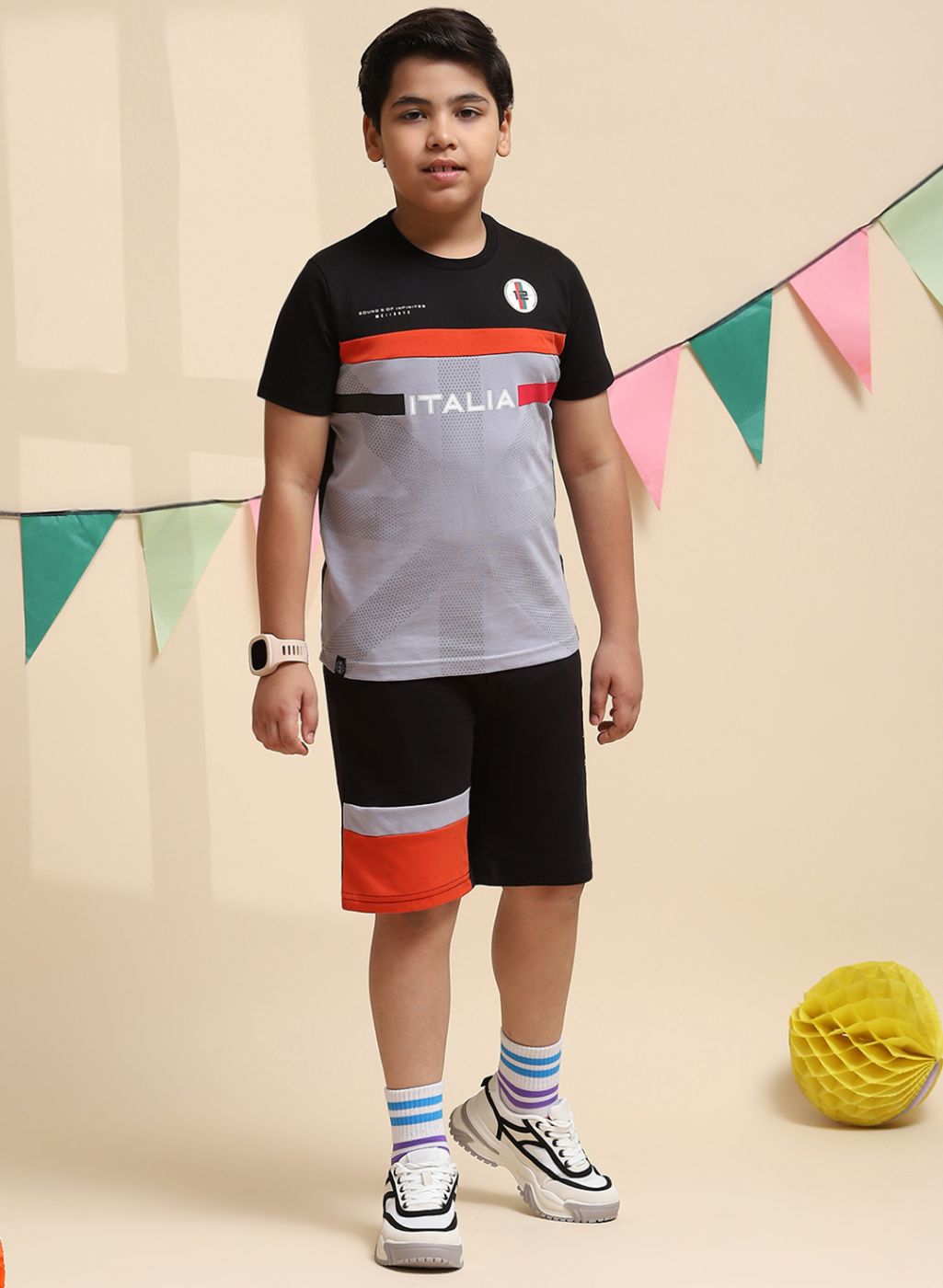 Boys Black & Rust Orange Printed Bermuda Set