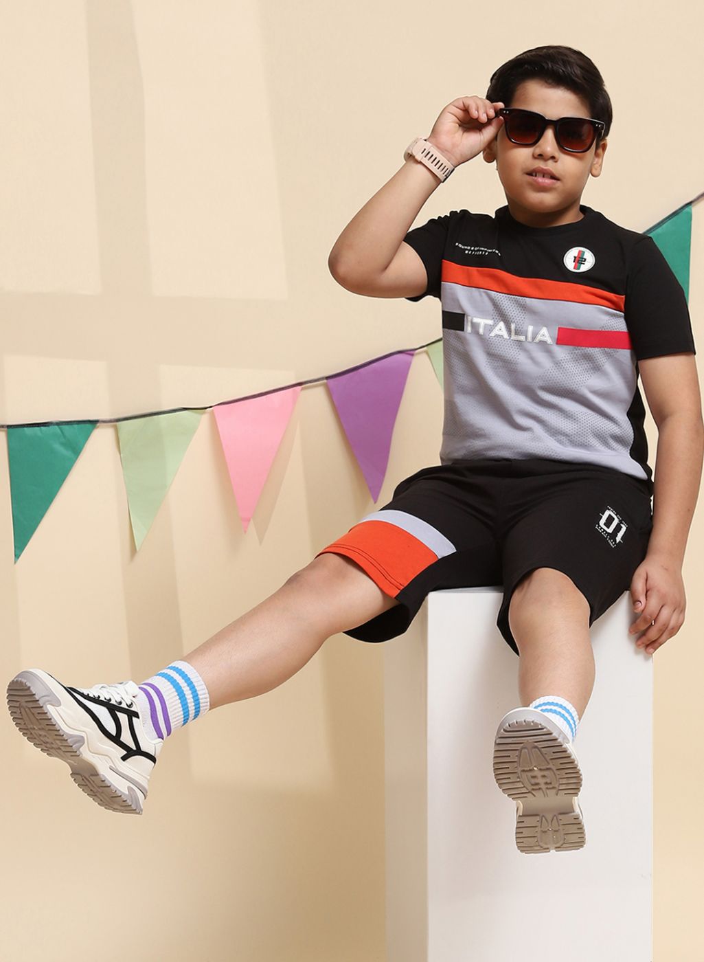 Boys Black & Rust Orange Printed Bermuda Set