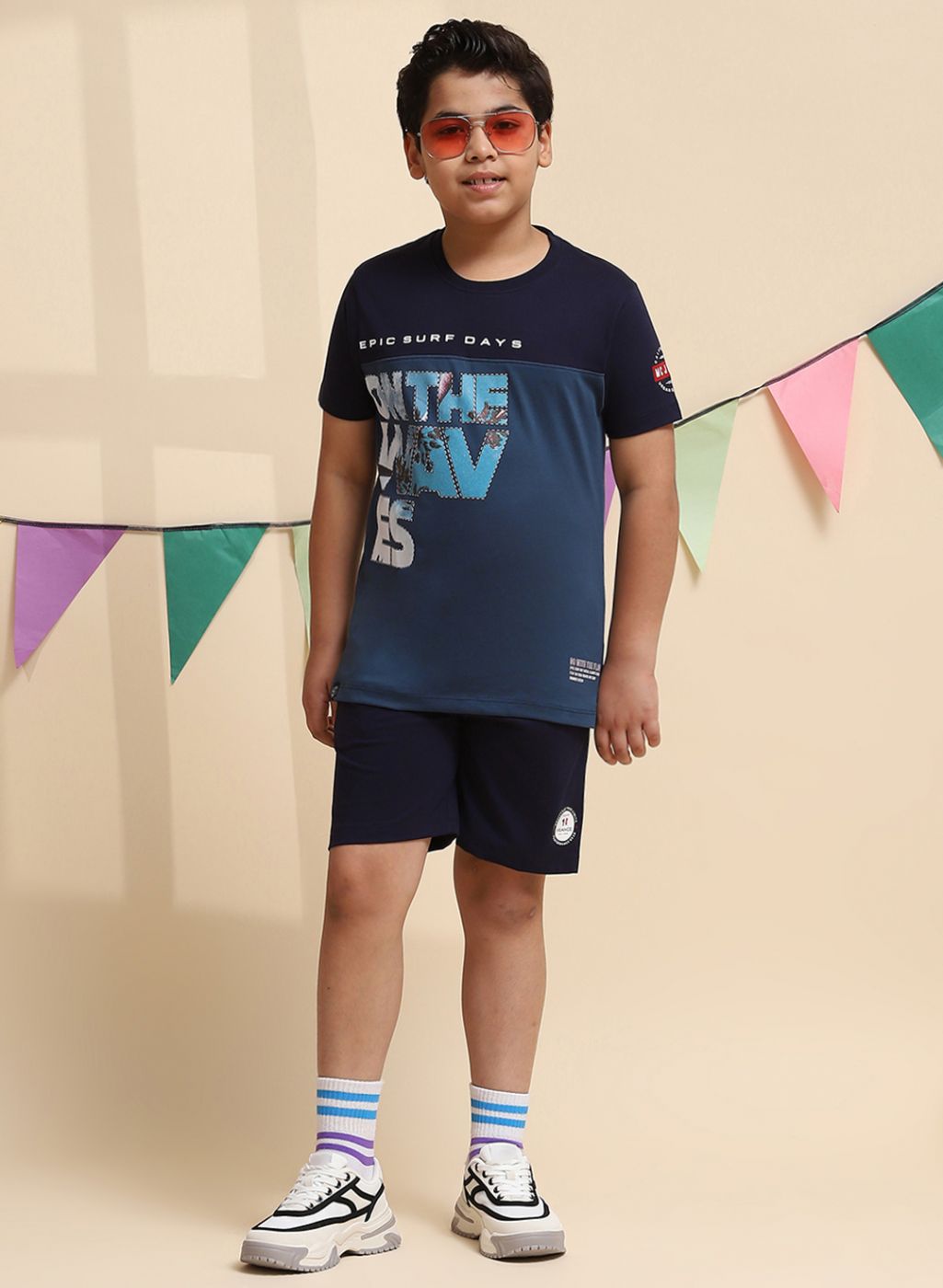 Boys NAvy Blue Printed Bermuda Set
