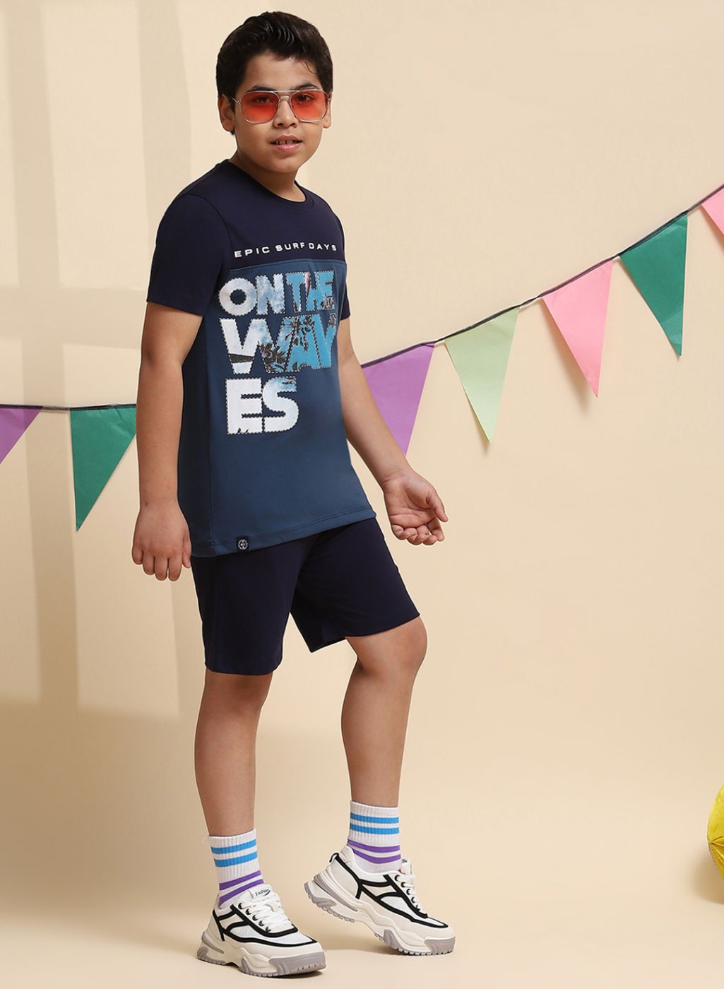 Boys NAvy Blue Printed Bermuda Set