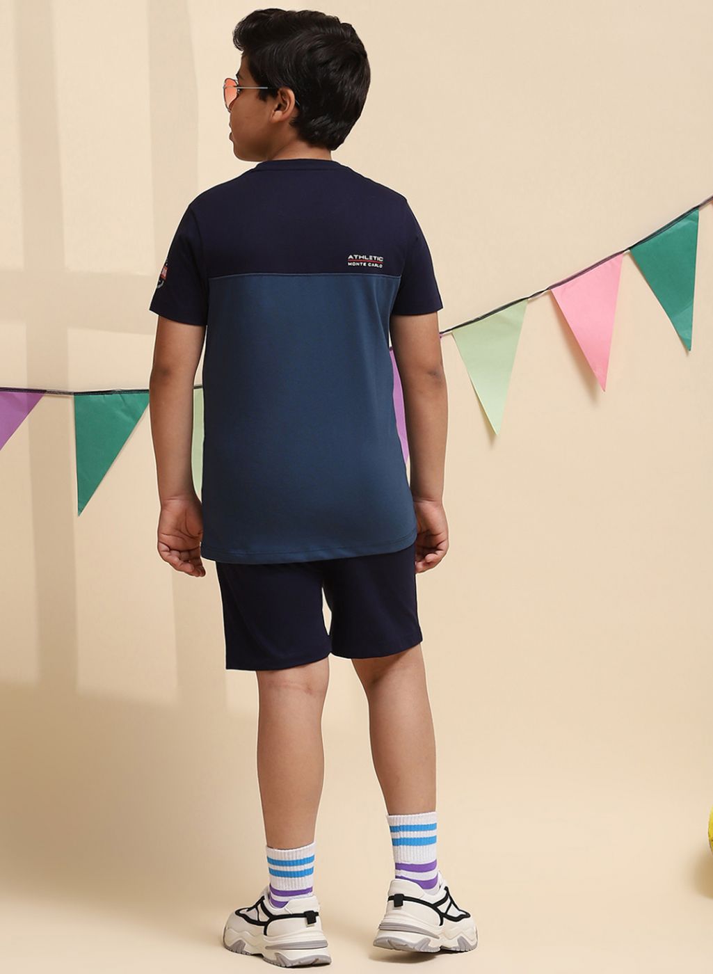 Boys NAvy Blue Printed Bermuda Set