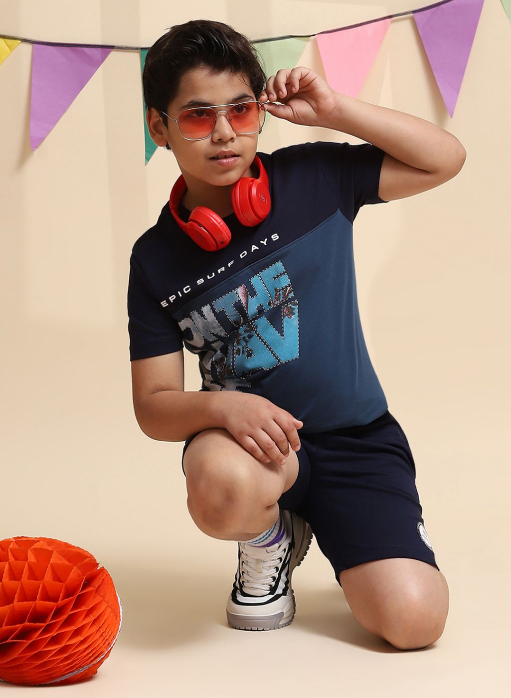 Boys NAvy Blue Printed Bermuda Set