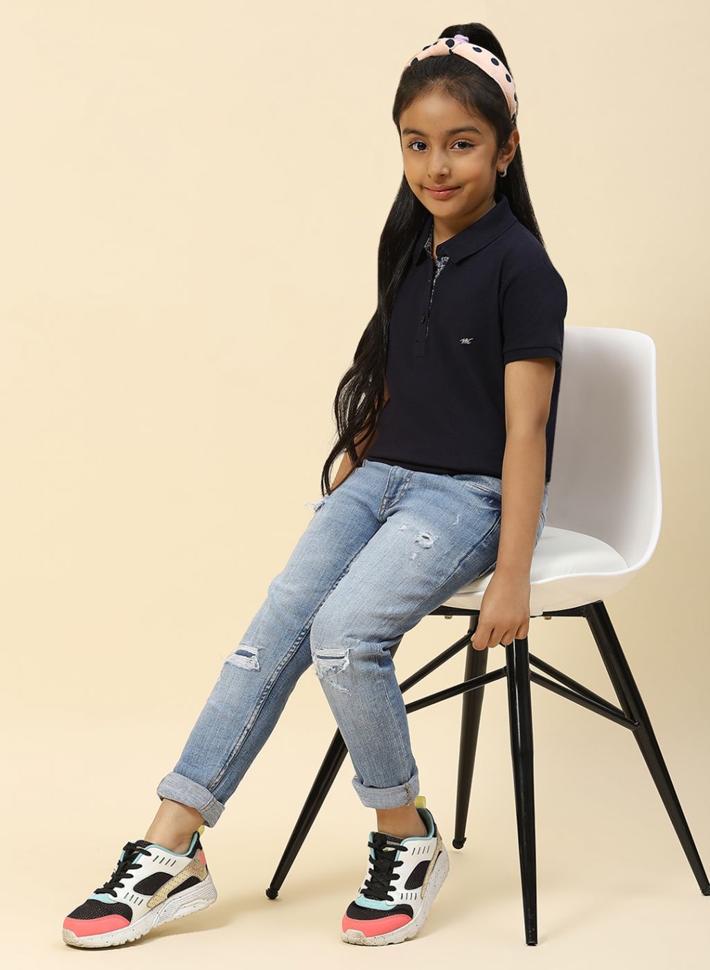 Girls Navy Blue Plain T-Shirt