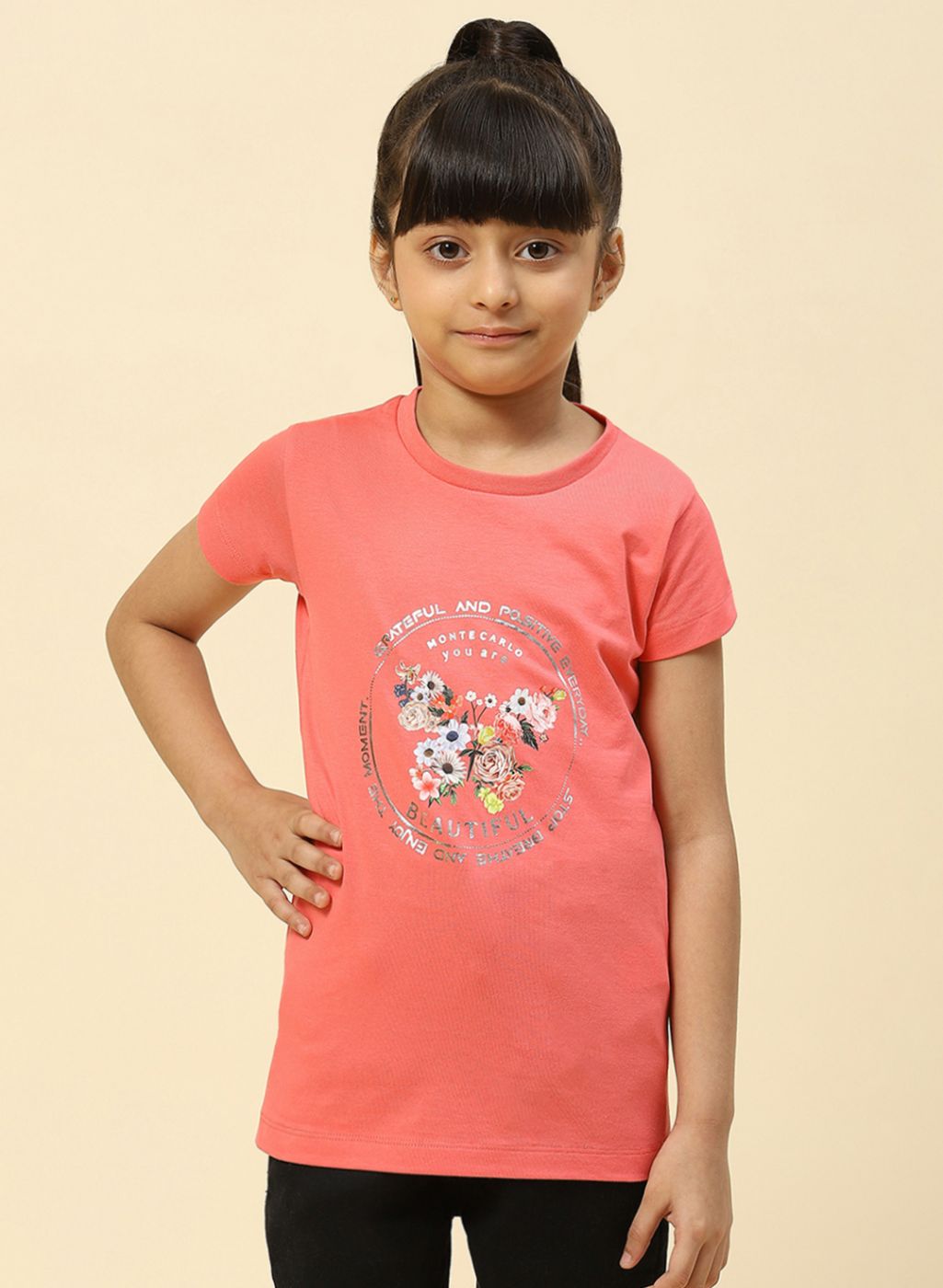 Girls Coral Pink Printed Top